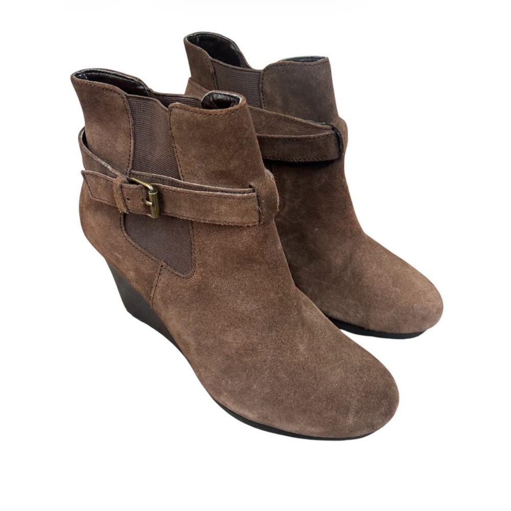 Lauren RALPH LAUREN Yasline Brown Suede Leather Sz 8.5 Wedge Heel Ankle Booties
